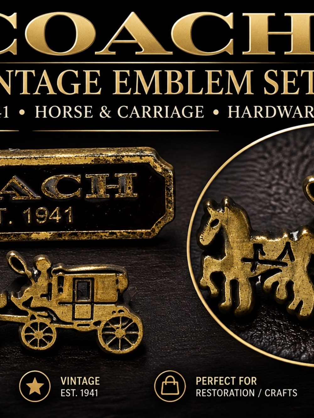 Vintage Coach EST 1941 Horse Carriage Emblem Logo Hardware Set Brass Tone